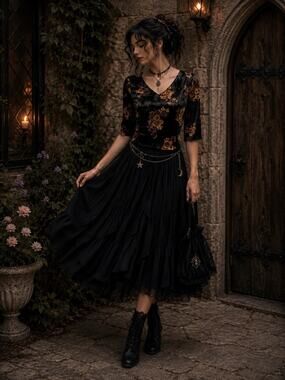 VTG Womens Velvet Blouse Top Whimsigoth Fairy Forest Floral L V Neck